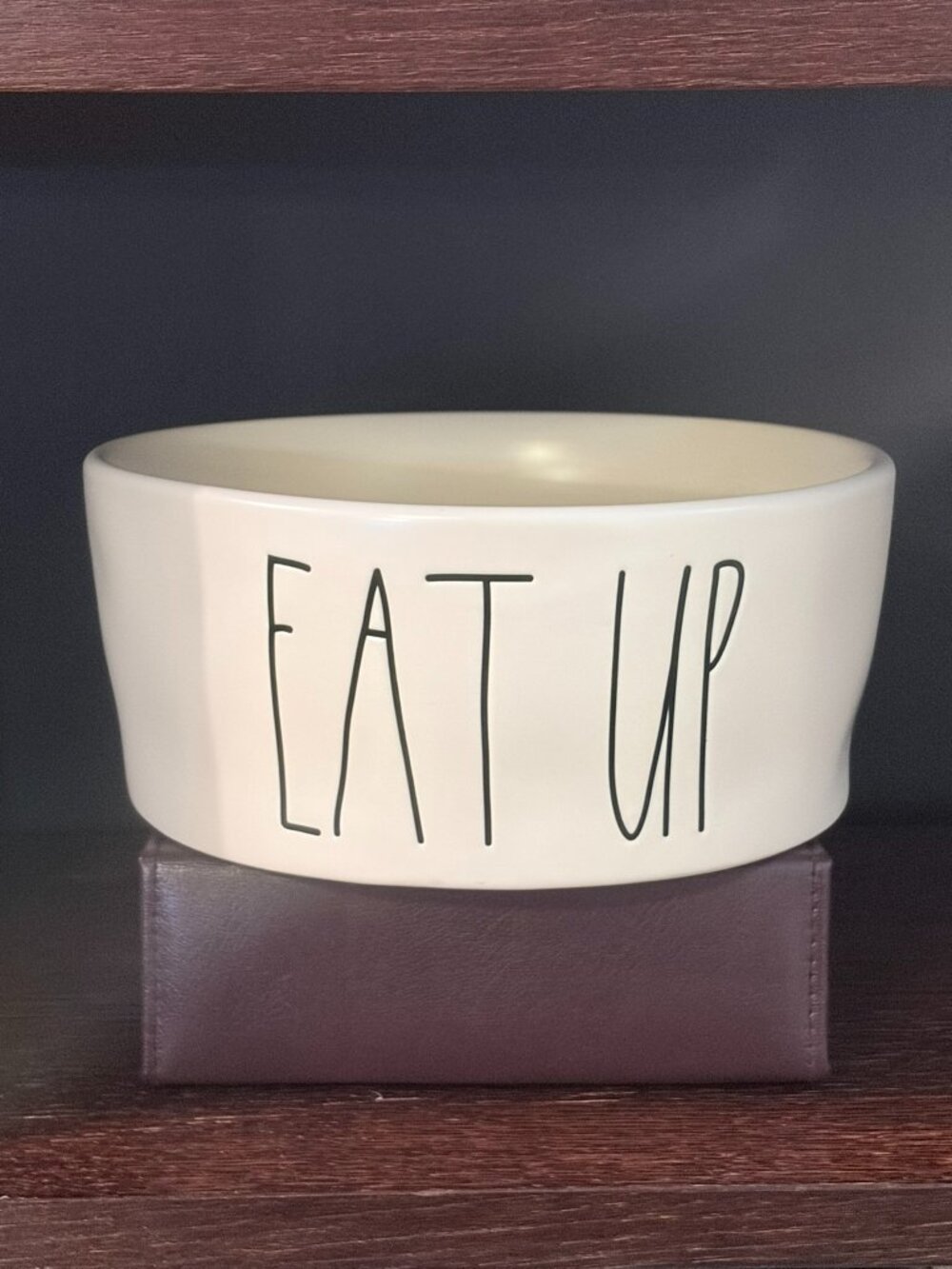 #35H Rae Dunn EAT UP Large Ceramic Pet Bowl White Black Dog Cat